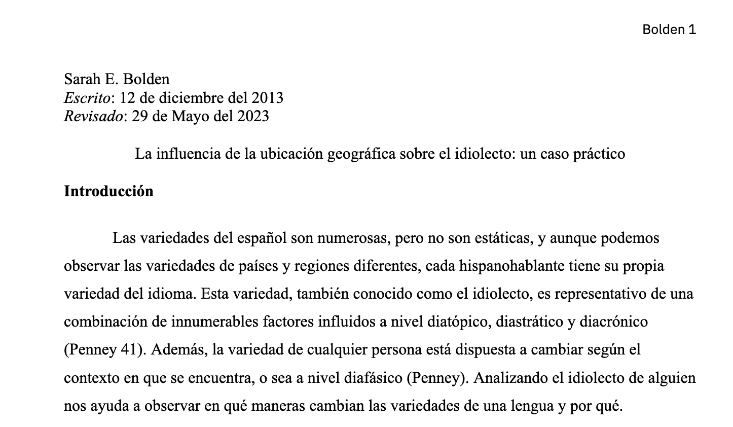 Screenshot of the first page of the Spanish writing sample.